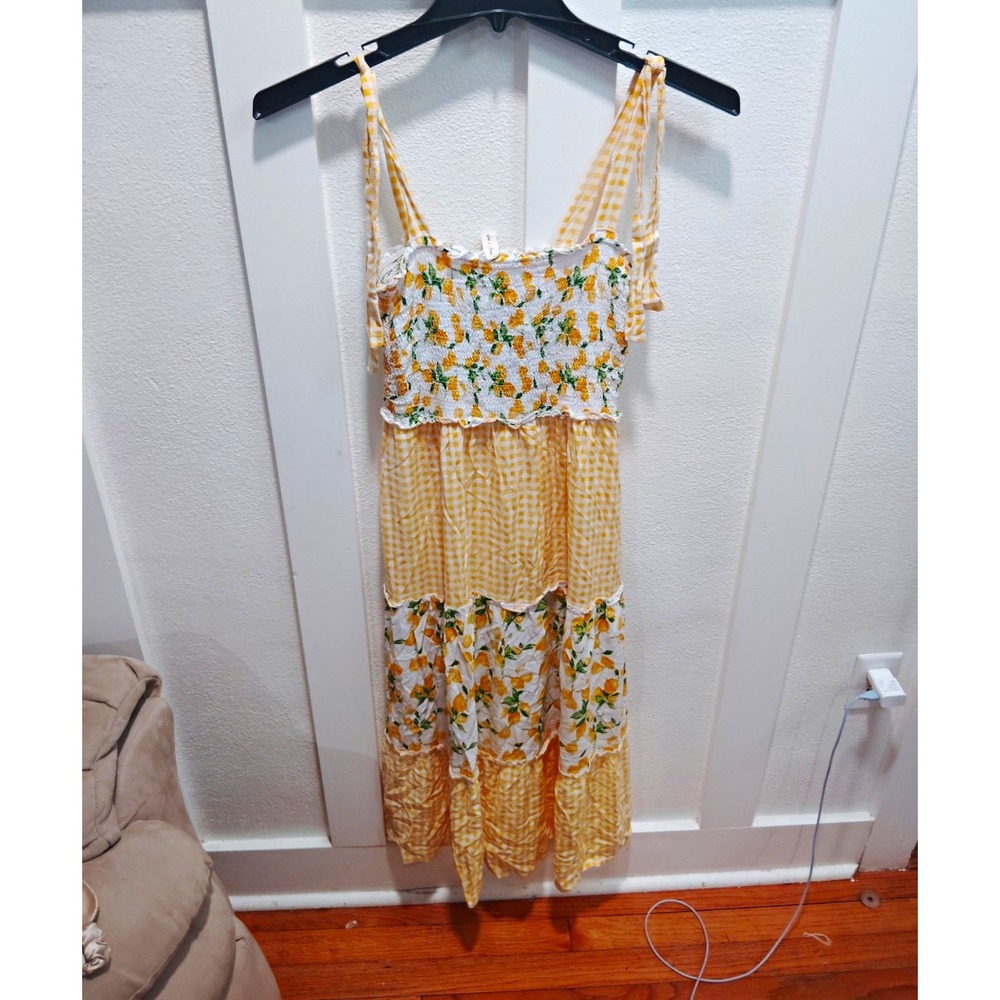 bebe Yellow/White Lemon Smocked Square Neck Strappy Midi Sundress Size S